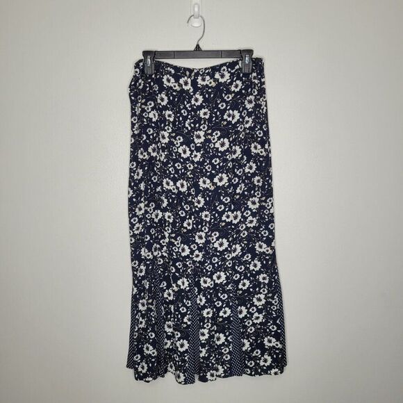 American Vintage Dresses & Skirts - Vintage y2k blue white floral mixed print polka dot trumpet maxi skirt size 10
